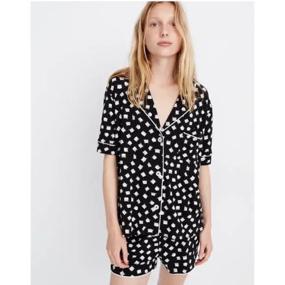 Madewell Black Cream Cat‎ Print Shorts Pajama Set